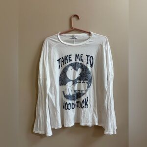 Lauren Moshi Take Me To Woodstock Long Bell Sleeve Graphic Print Boho Shirt Top